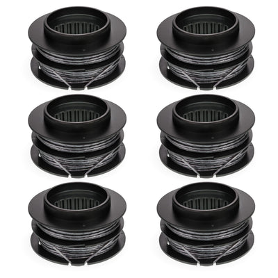 Pack of 6 SB00L00 replacement string trimmer spools for Greenworks 60V and 80V dual line trimmers.