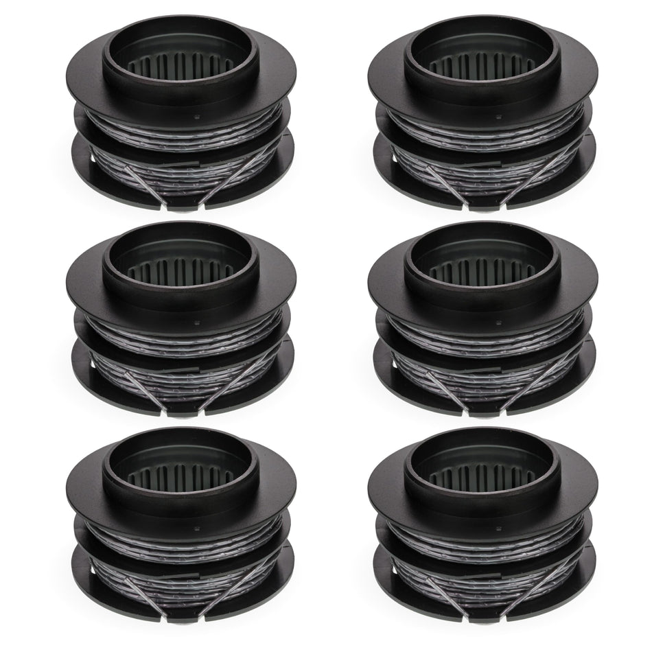 Pack of 6 SB00L00 replacement string trimmer spools for Greenworks 60V and 80V dual line trimmers.