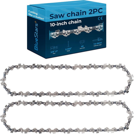 Two 10-inch chainsaw chains with 3/8-inch pitch and 0.050-inch gauge, shown with their BlueStars retail packaging.