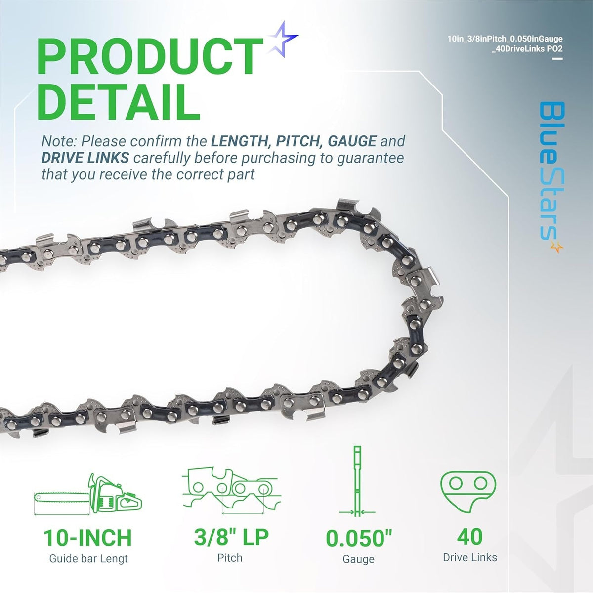 Infographic showing 10-inch chainsaw chain specifications with 3/8-inch pitch, 0.050-inch gauge, and 40 drive links.