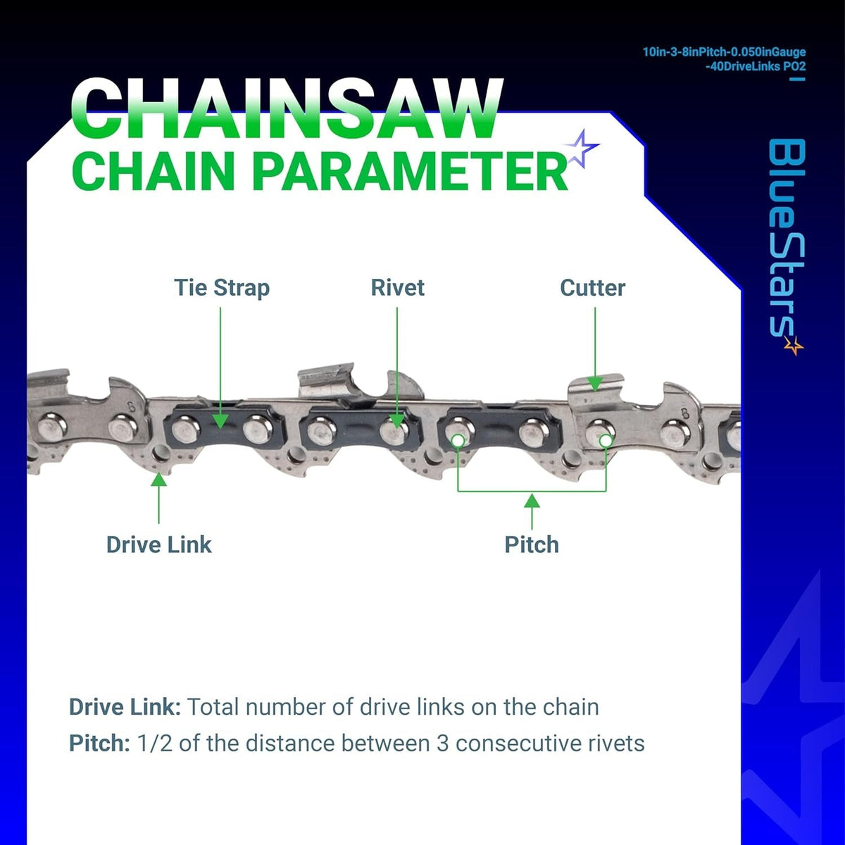 Diagram showing chainsaw chain parameters including tie strap, rivet, cutter, drive link, and pitch measurements.