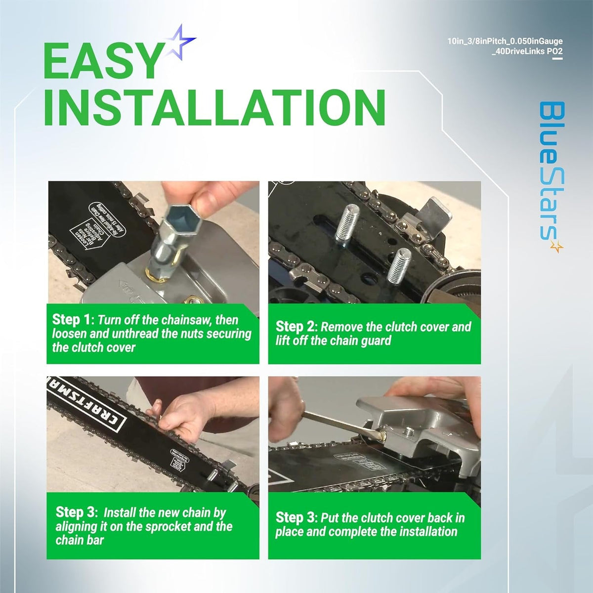 Four-step installation guide for 10-inch chainsaw chain showing clutch cover removal and chain alignment on the bar.