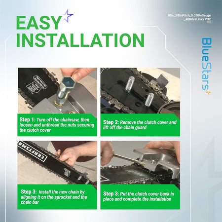 Four-step installation guide for 10-inch chainsaw chain showing clutch cover removal and chain alignment on the bar.