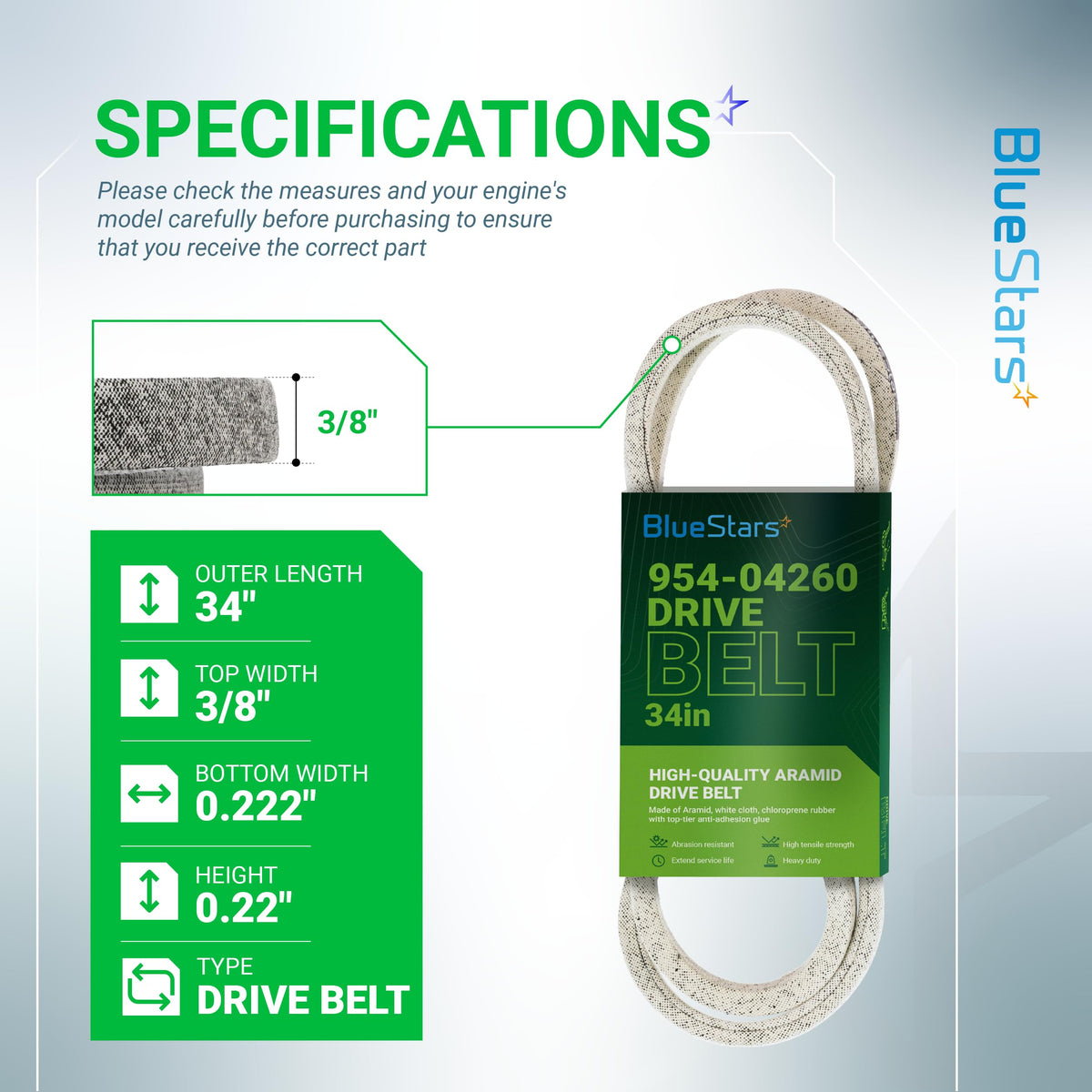 954-04260 drive belt specification chart showing 3/8 inch width and 34 inch length for snowblower and mower parts.