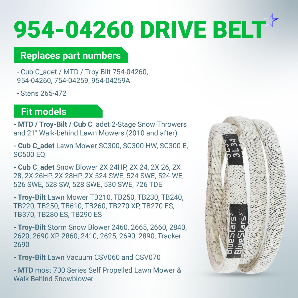 954-04260 drive belt for MTD, Craftsman, Cub Cadet, and Troy-Bilt snowblowers and walk-behind lawn mowers.
