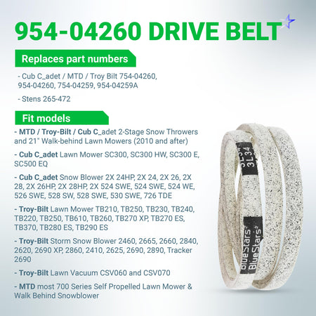 954-04260 drive belt for MTD, Craftsman, Cub Cadet, and Troy-Bilt snowblowers and walk-behind lawn mowers.