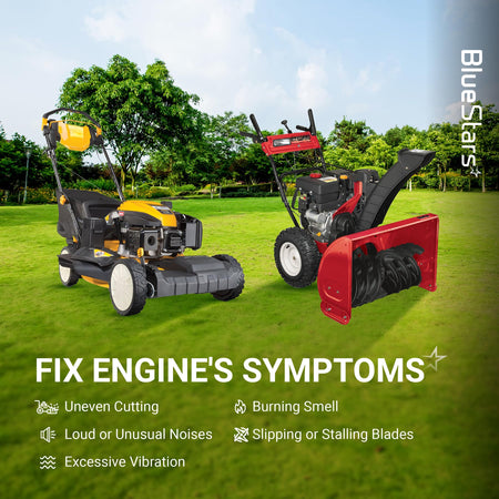 Infographic showing a lawn mower and snowblower to illustrate symptoms fixed by the 954-04260 drive belt replacement.