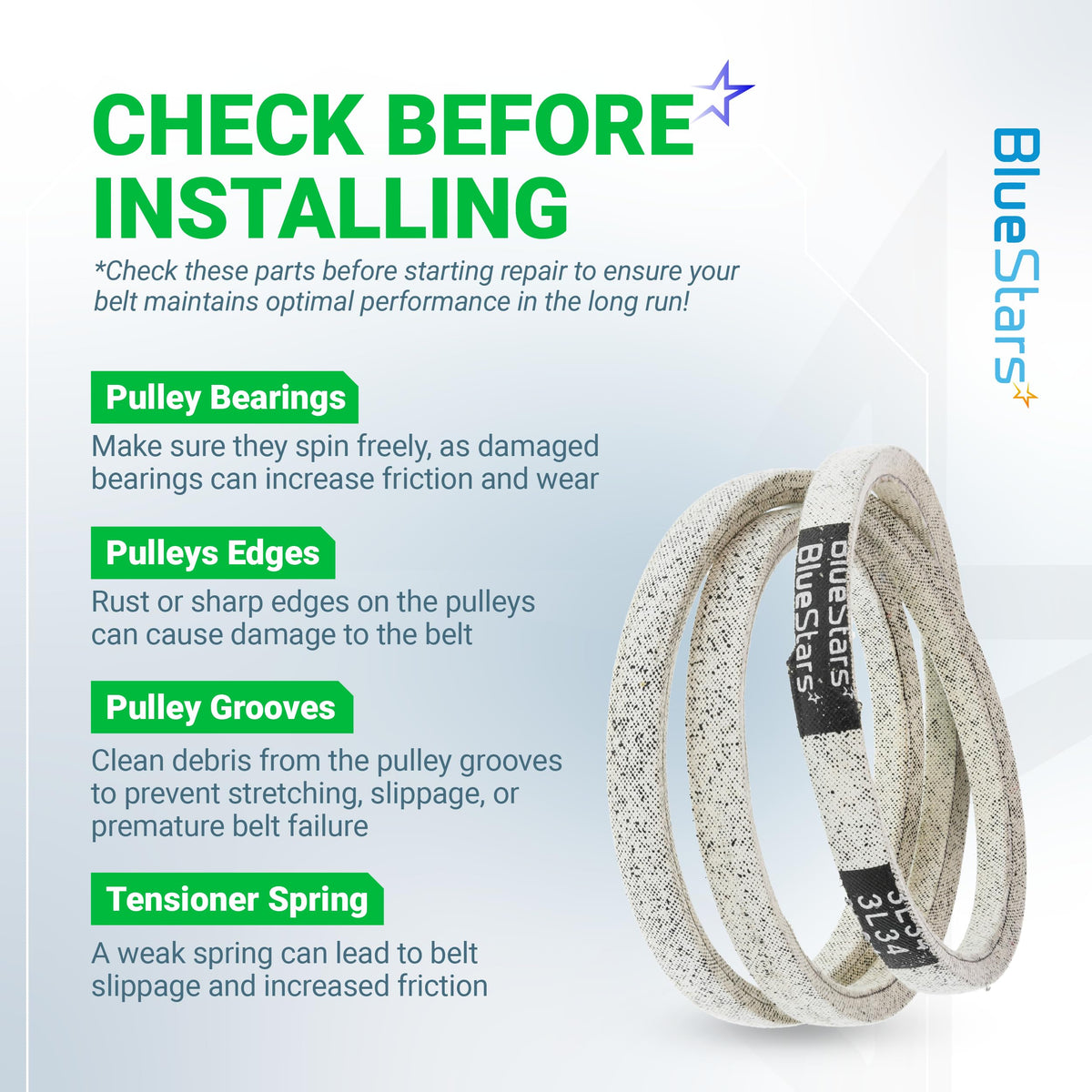 Informational graphic for 954-04260 drive belt installation tips and maintenance checks.