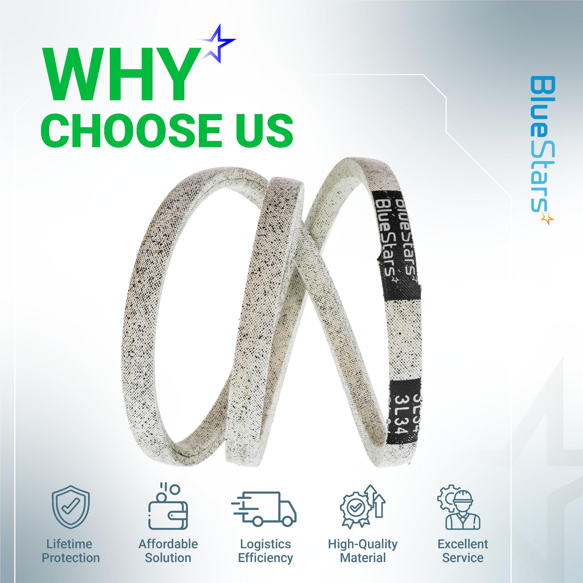 BlueStars 954-04260 replacement drive belt for snowblowers and lawn mowers, shown in a promotional graphic.