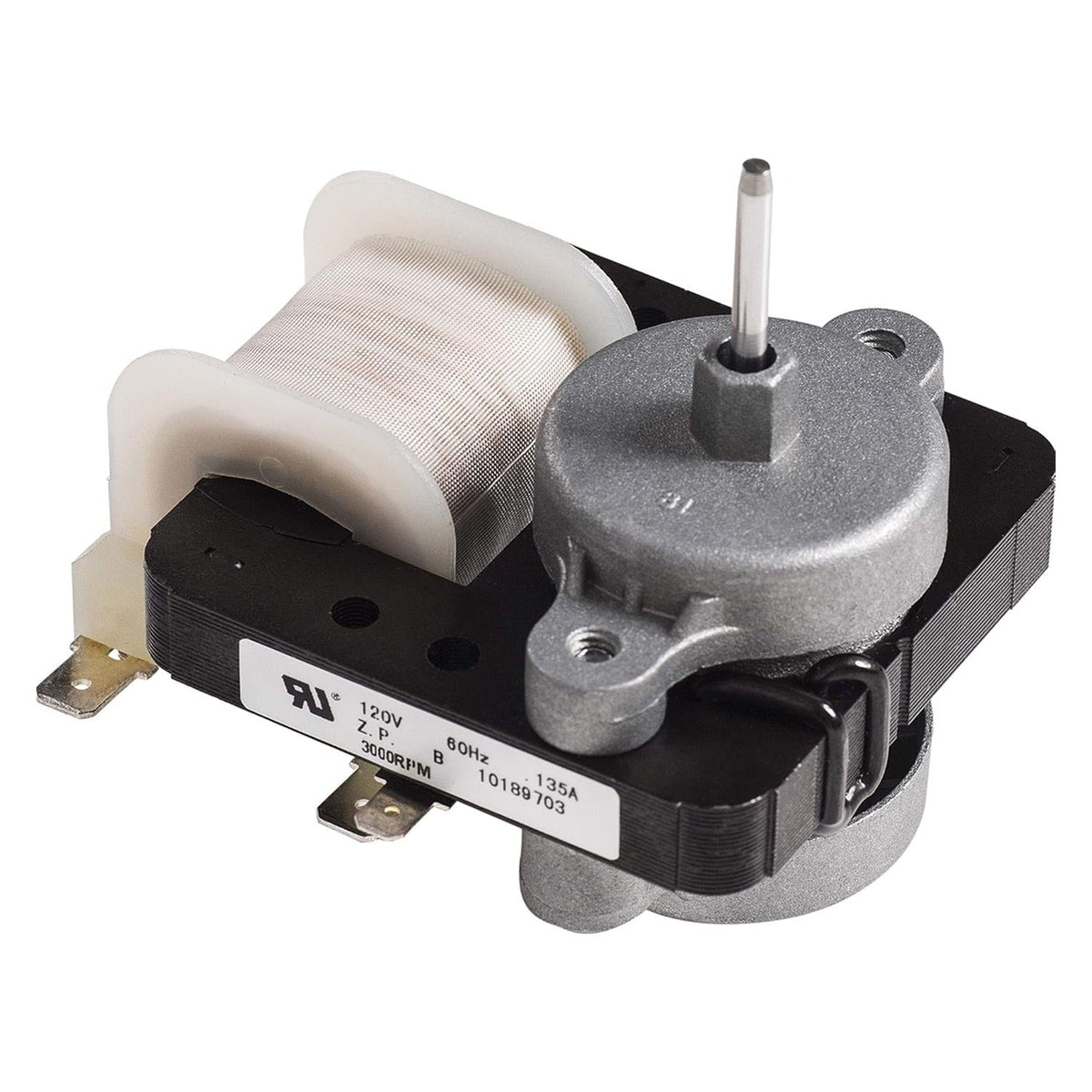 W10189703 refrigerator evaporator fan motor with metal housing and copper coil winding.