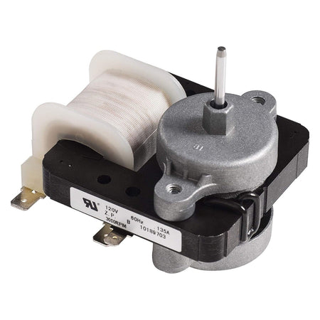 W10189703 refrigerator evaporator fan motor with metal housing and copper coil winding.