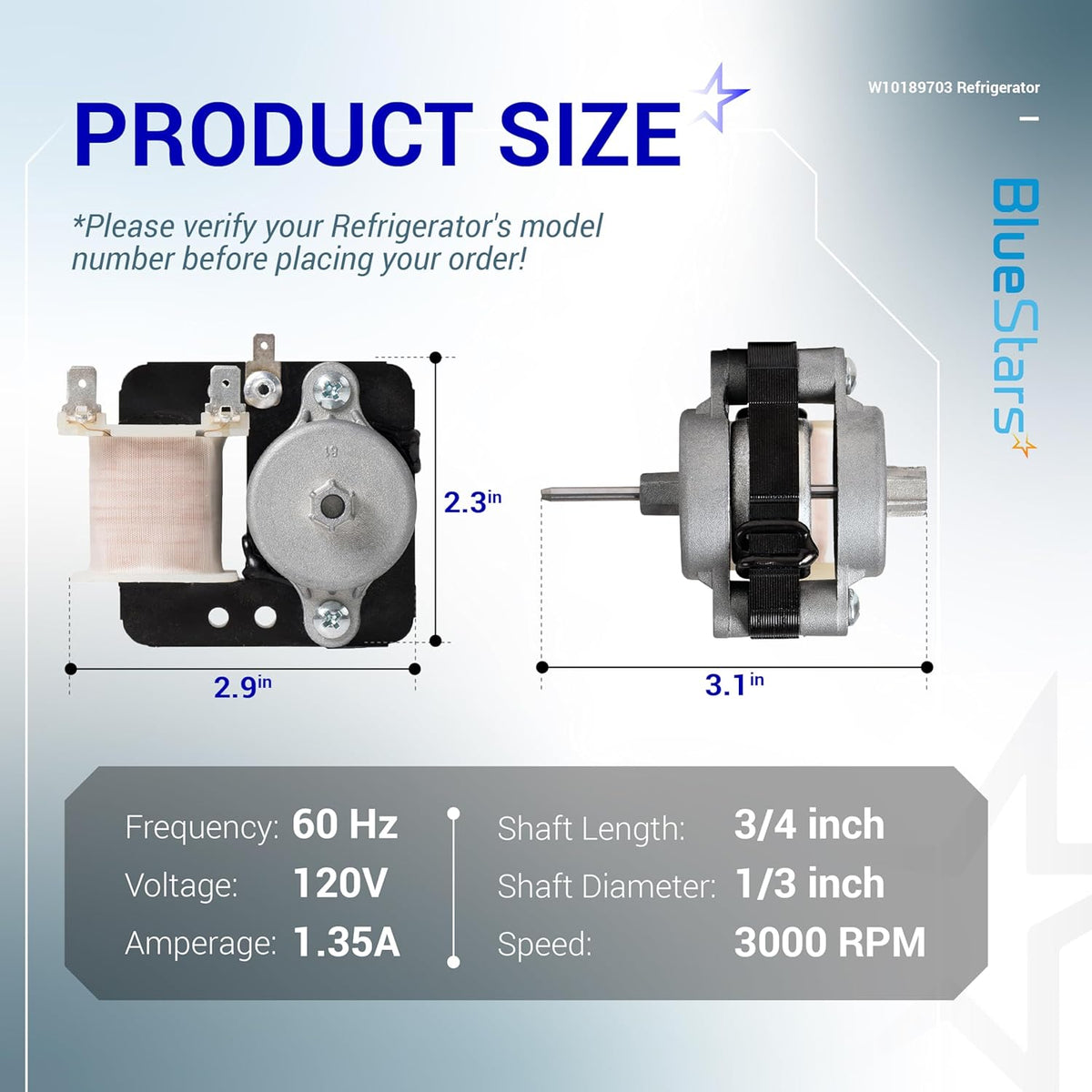 Dimensional diagram showing size specifications and technical data for W10189703 refrigerator evaporator fan motor.