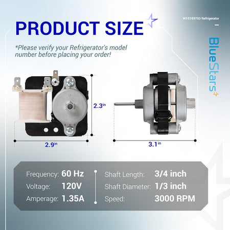 Dimensional diagram showing size specifications and technical data for W10189703 refrigerator evaporator fan motor.