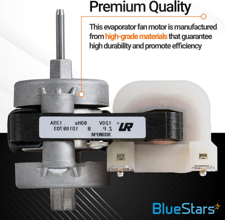 W10189703 refrigerator evaporator fan motor close-up showing premium quality construction and electrical terminals.