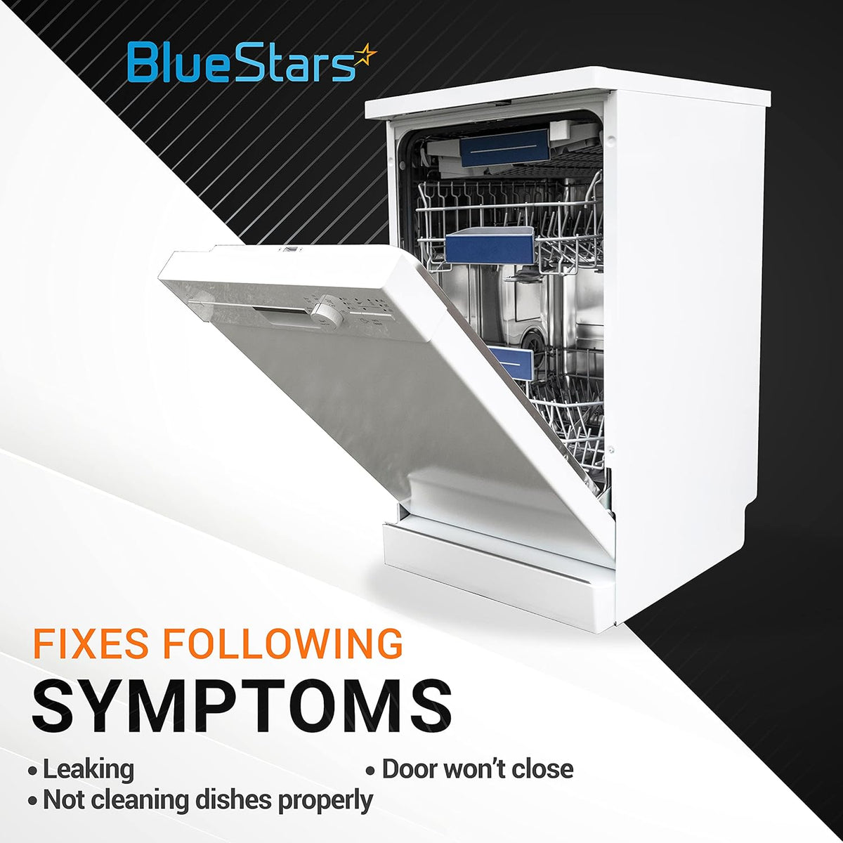 White dishwasher with open door, illustrating repair symptoms for door seal and splash shield kit replacement.