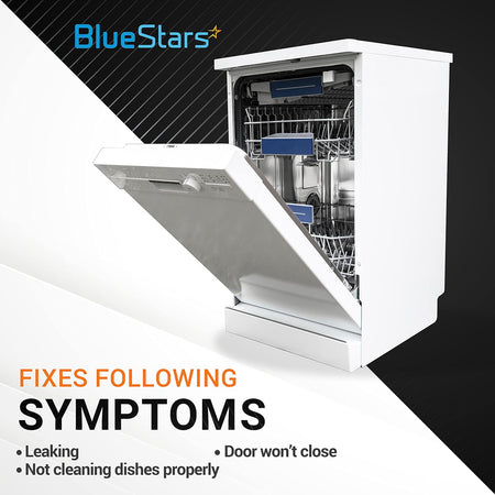 White dishwasher with open door, illustrating repair symptoms for door seal and splash shield kit replacement.