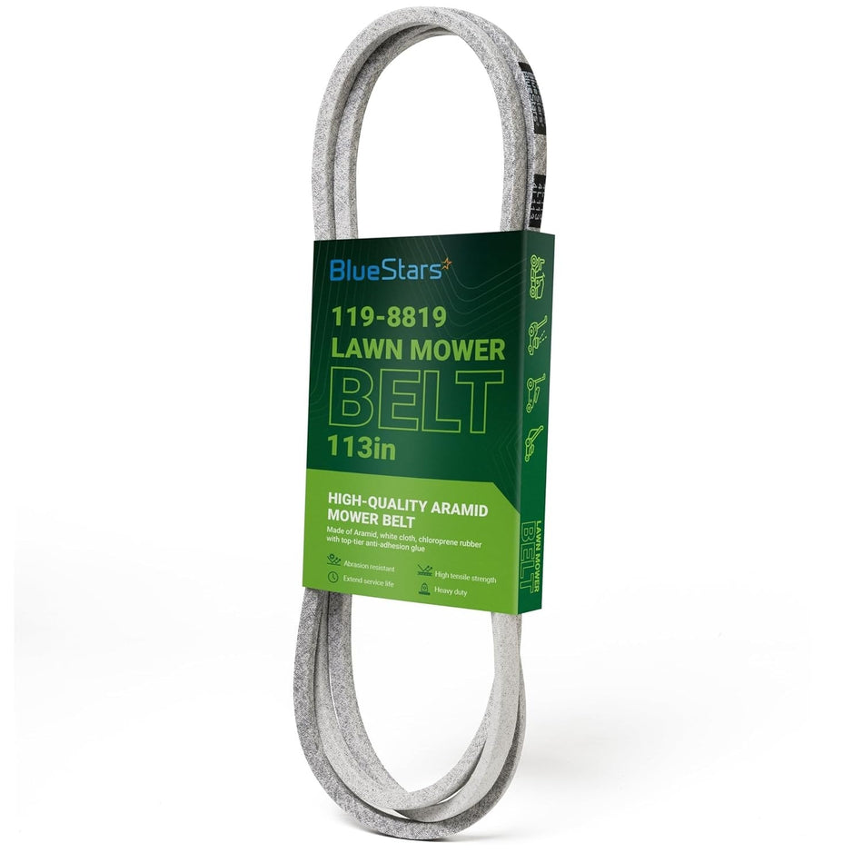 119-8819 replacement mower deck belt in branded packaging for 42-inch Toro, Hustler, and Cub Cadet mowers.