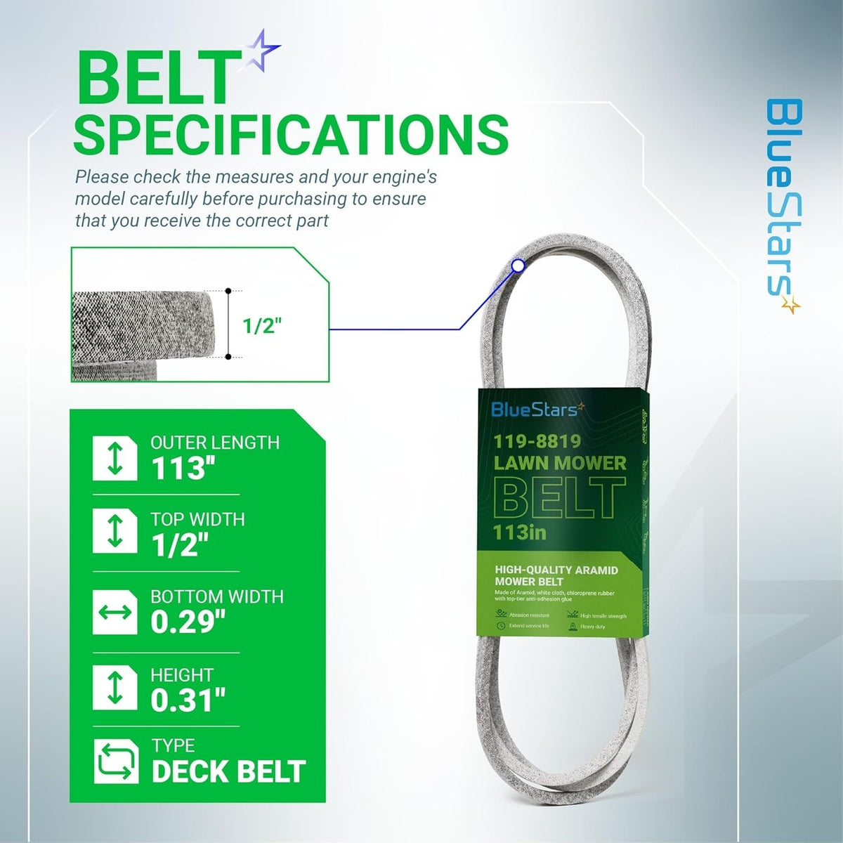 119-8819 mower deck belt specification chart showing dimensions, width, and length for Toro and compatible mowers.
