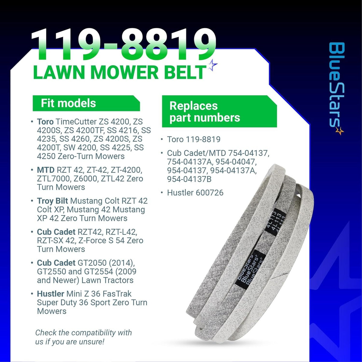 119-8819 mower deck belt compatibility chart and product image for Toro, Cub Cadet, and Hustler mowers.