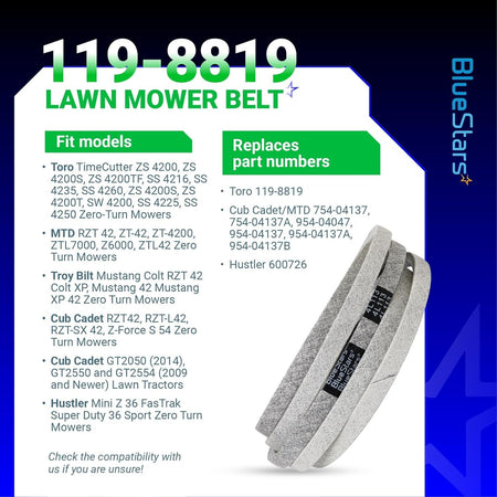 119-8819 mower deck belt compatibility chart and product image for Toro, Cub Cadet, and Hustler mowers.