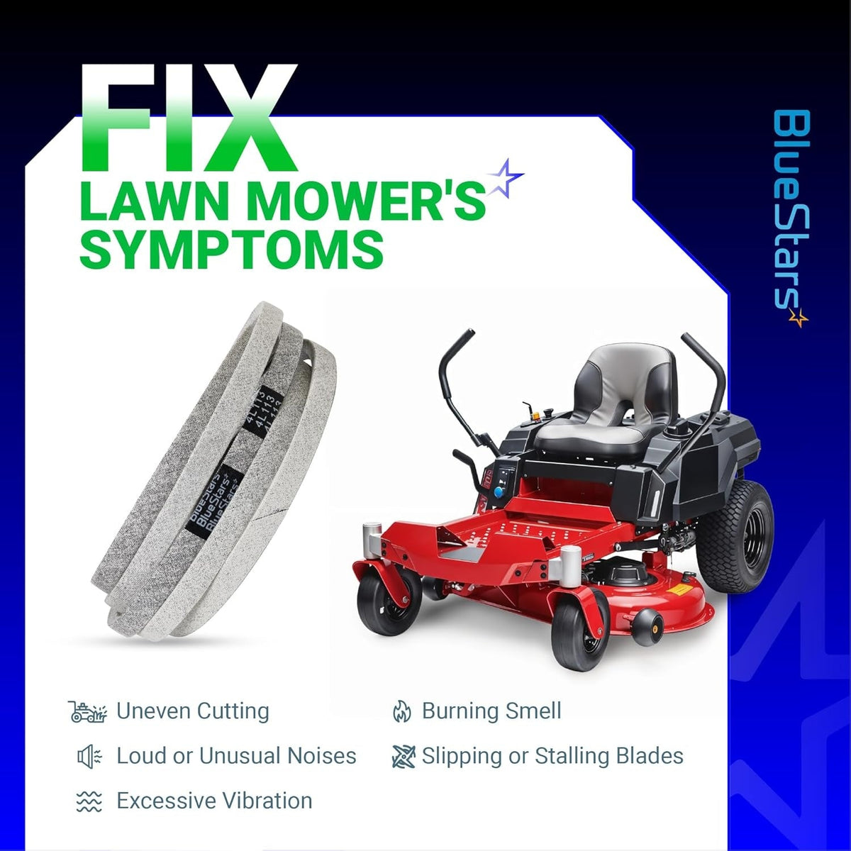 119-8819 mower deck belt for 42-inch Toro TimeCutter, showing common mower symptoms and compatibility.