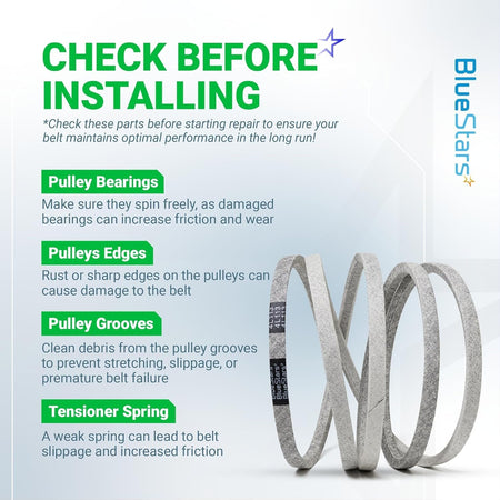 Informational graphic for 119-8819 mower deck belt installation tips and pulley maintenance checklist.