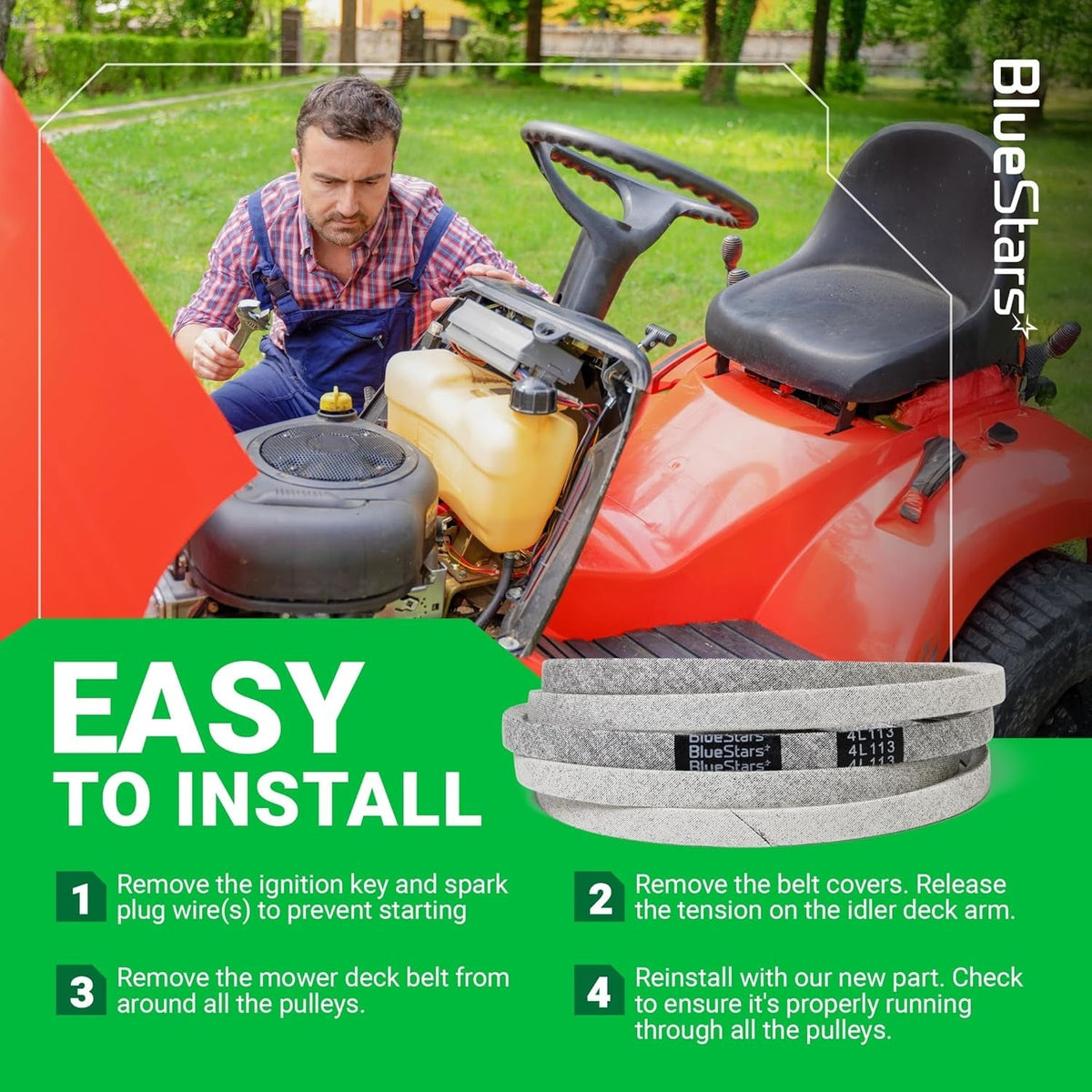 Installation guide for 119-8819 mower deck belt showing a mechanic working on a lawn tractor.