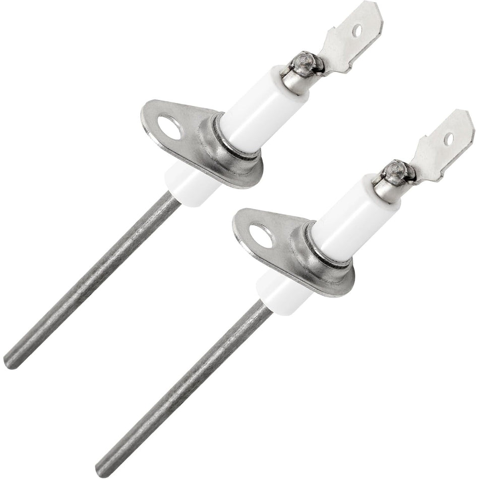 Two 025-37499-000 gas furnace flame sensors with white ceramic insulators and metal mounting brackets.