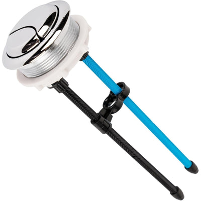 Chrome dual push toilet tank button with 48mm thread and adjustable blue and black rods.