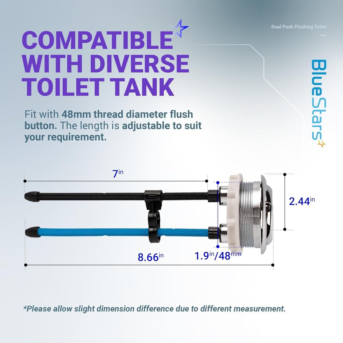 Dimensional diagram of 48mm dual push toilet tank flush button with adjustable length rods.