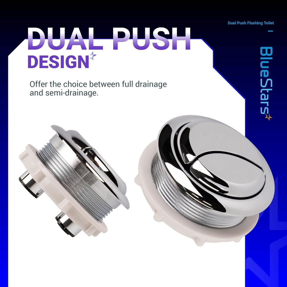 Two chrome 48mm dual push toilet water tank buttons shown from side and top angles.