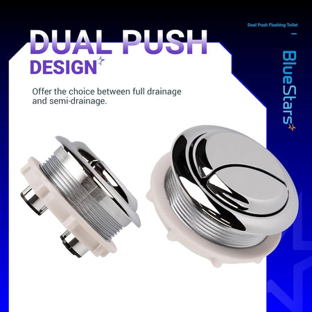 Two chrome 48mm dual push toilet water tank buttons shown from side and top angles.