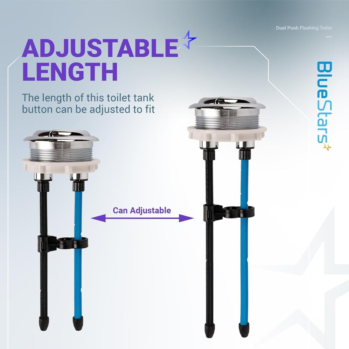 Two 48mm dual push toilet tank buttons showing adjustable length rods for custom installation.