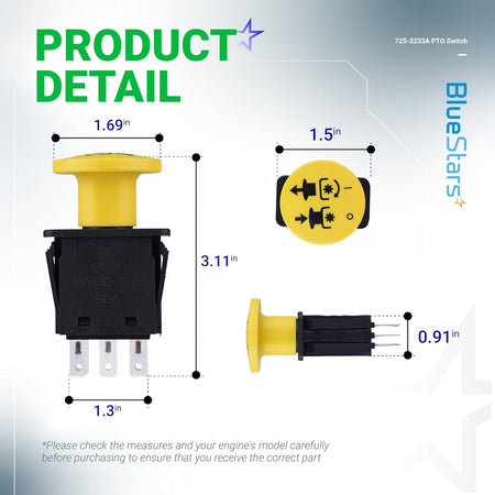 Dimensional diagram of 725-3233A yellow clutch PTO switch showing height, width, and top view measurements.