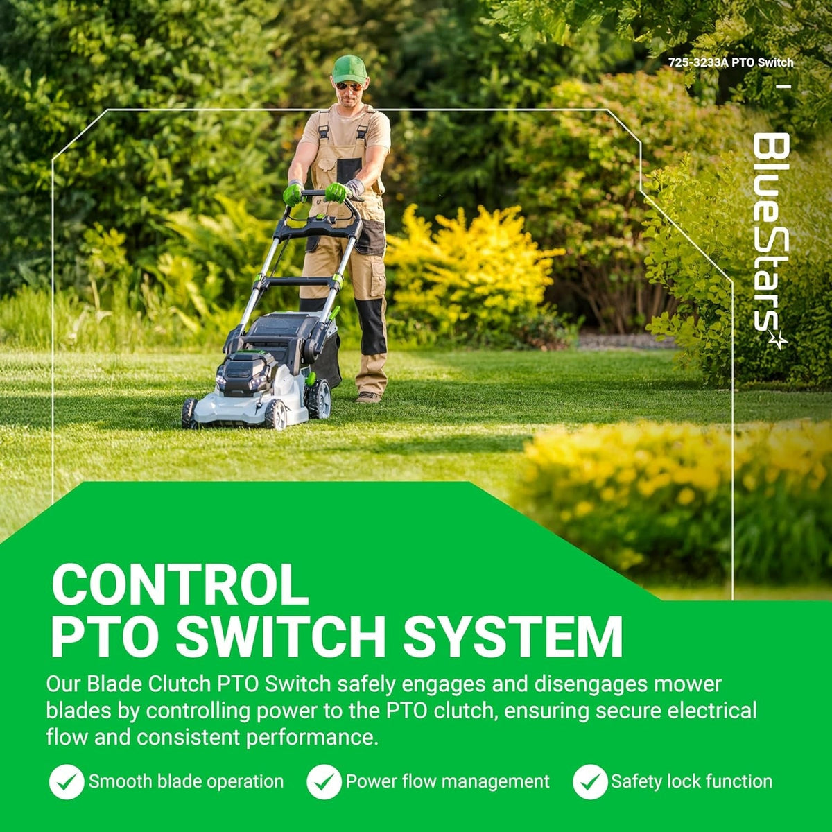 Man operating a lawn mower with text overlay explaining the 725-3233A Clutch PTO Switch function and benefits.