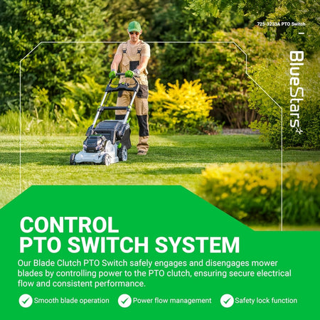 Man operating a lawn mower with text overlay explaining the 725-3233A Clutch PTO Switch function and benefits.