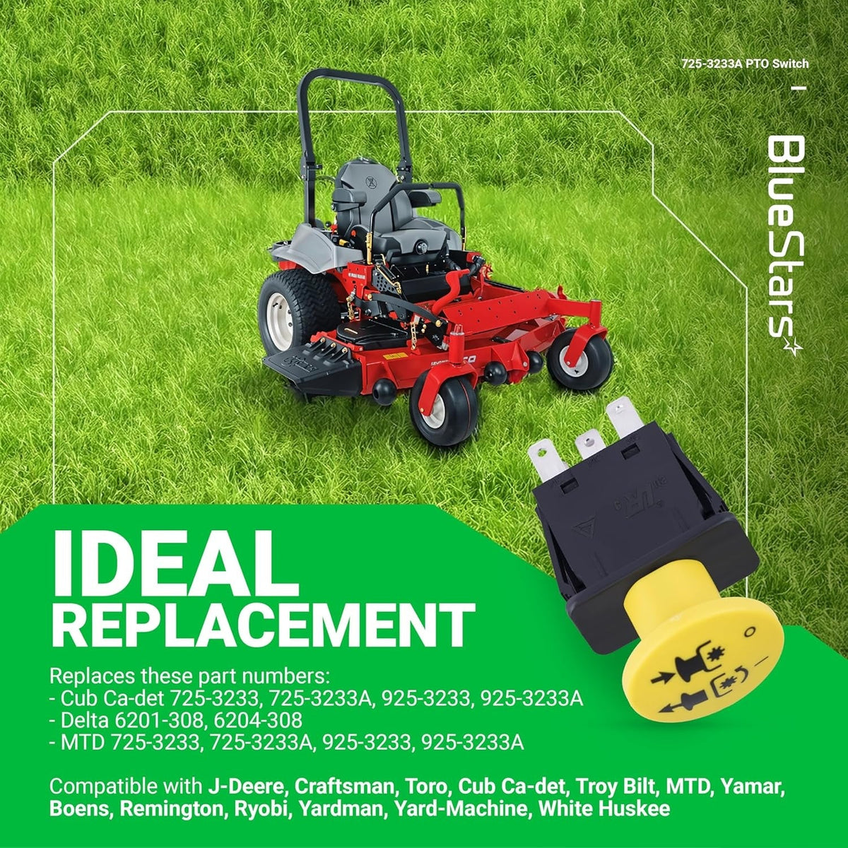 725-3233A yellow PTO clutch switch for Cub Cadet and MTD zero-turn mowers shown with compatible lawn mower.