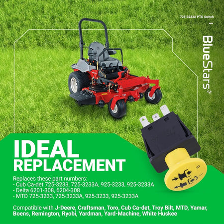 725-3233A yellow PTO clutch switch for Cub Cadet and MTD zero-turn mowers shown with compatible lawn mower.