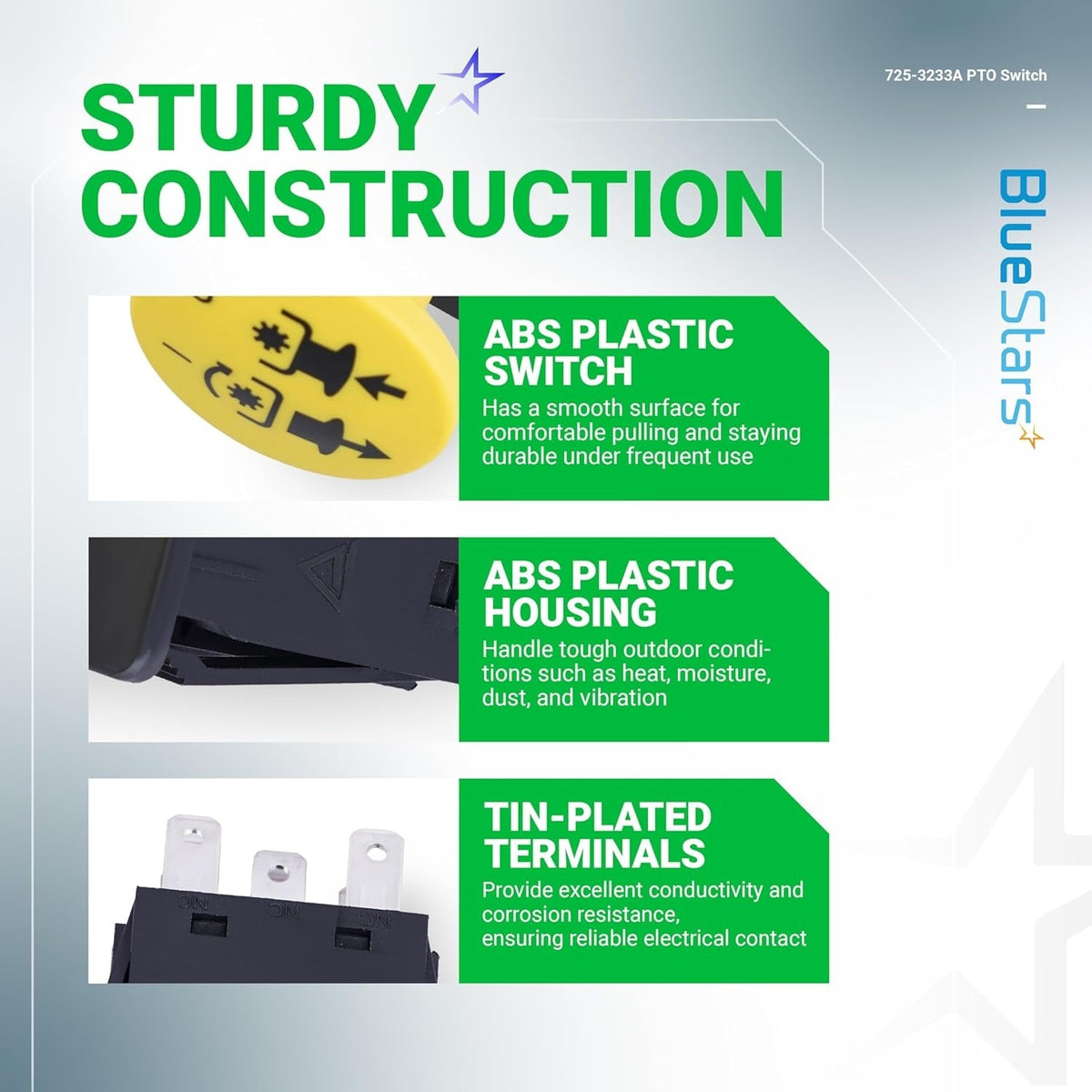 Infographic showing sturdy construction features of 725-3233A PTO clutch switch with ABS plastic and tin-plated terminals.