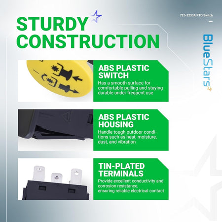 Infographic showing sturdy construction features of 725-3233A PTO clutch switch with ABS plastic and tin-plated terminals.