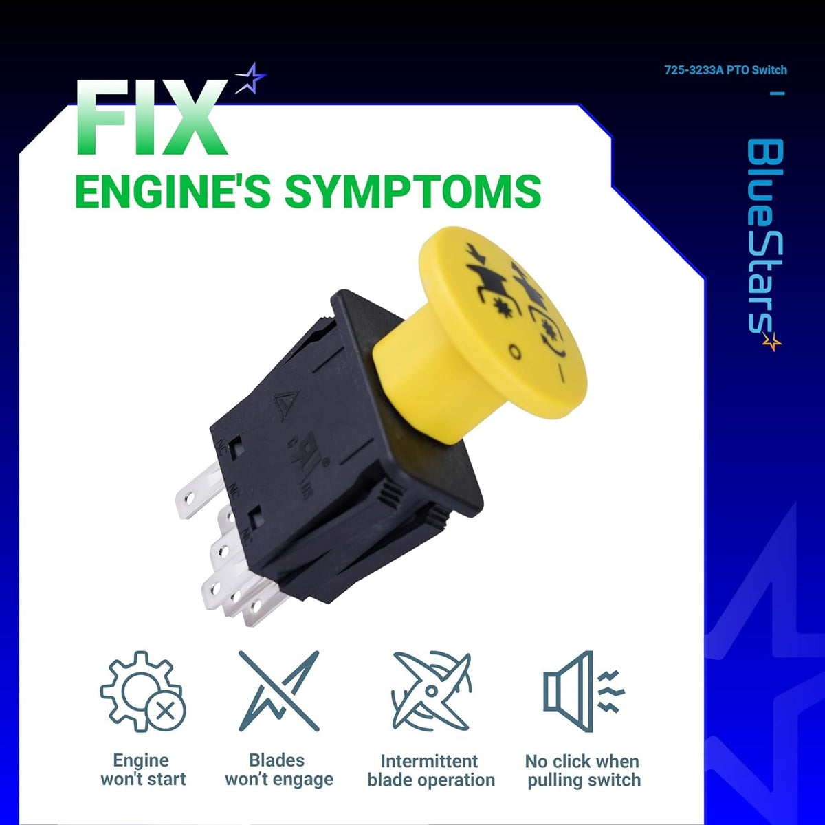 Yellow 725-3233A PTO clutch switch for Cub Cadet and MTD mowers with engine symptom troubleshooting icons.