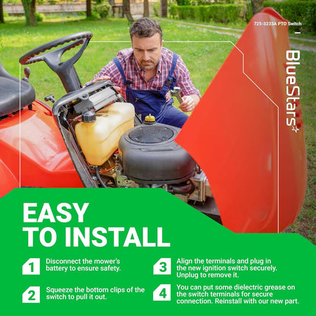 Installation guide for 725-3233A Clutch PTO Switch on a riding lawn mower.