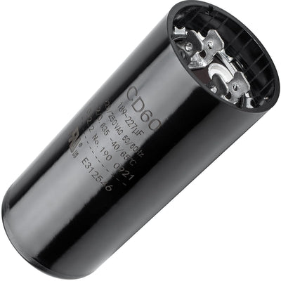 Black round start capacitor 189-227 uF 220-250 VAC for electric motors showing terminal top view.