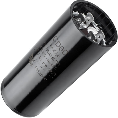 Black round start capacitor 189-227 uF 220-250 VAC for electric motors showing terminal top view.