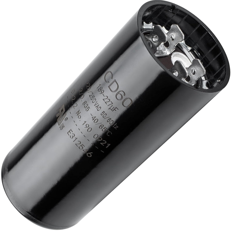 Black round start capacitor 189-227 uF 220-250 VAC for electric motors showing terminal top view.