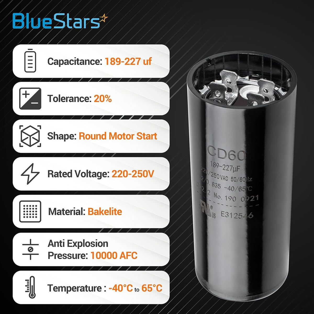 Round 189-227 uF 220-250 VAC motor start capacitor with technical specification infographic.