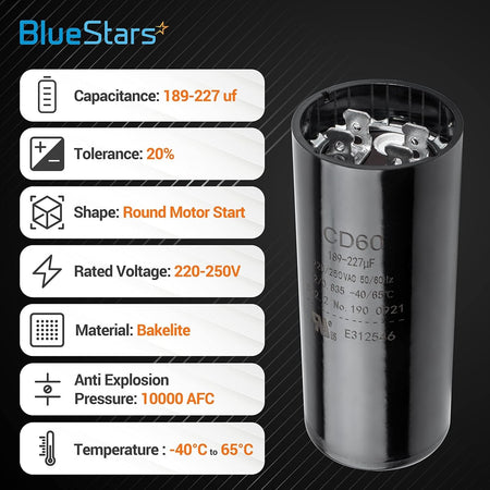Round 189-227 uF 220-250 VAC motor start capacitor with technical specification infographic.