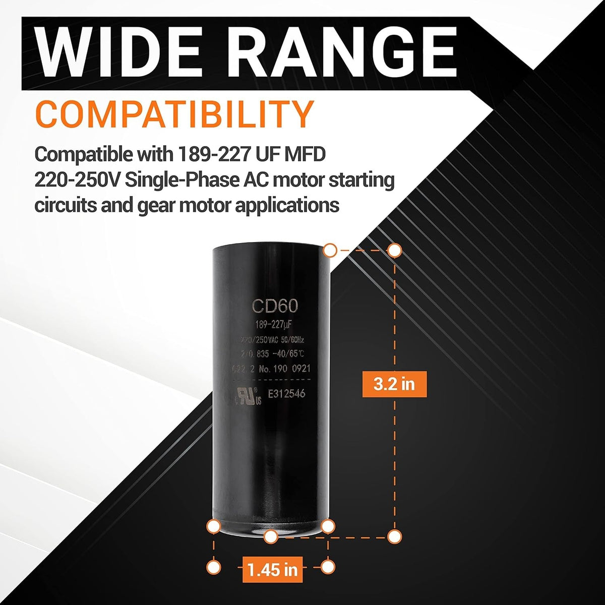 Infographic showing 189-227 uF 220-250 VAC round start capacitor dimensions of 3.2 inches height and 1.45 inches diameter.