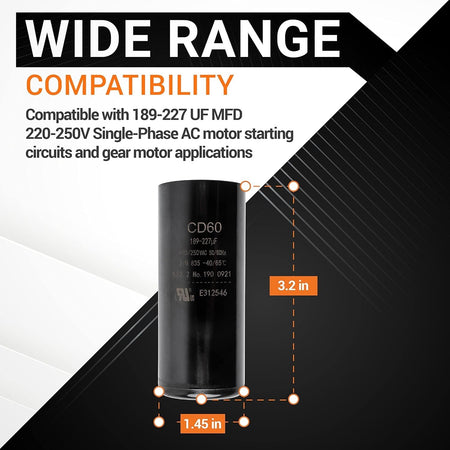 Infographic showing 189-227 uF 220-250 VAC round start capacitor dimensions of 3.2 inches height and 1.45 inches diameter.