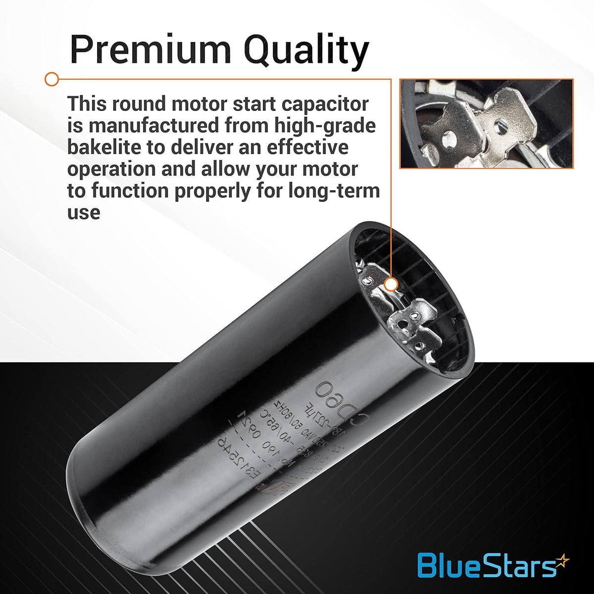 Round motor start capacitor 189-227 uF 220-250 VAC with close-up view of electrical terminals.